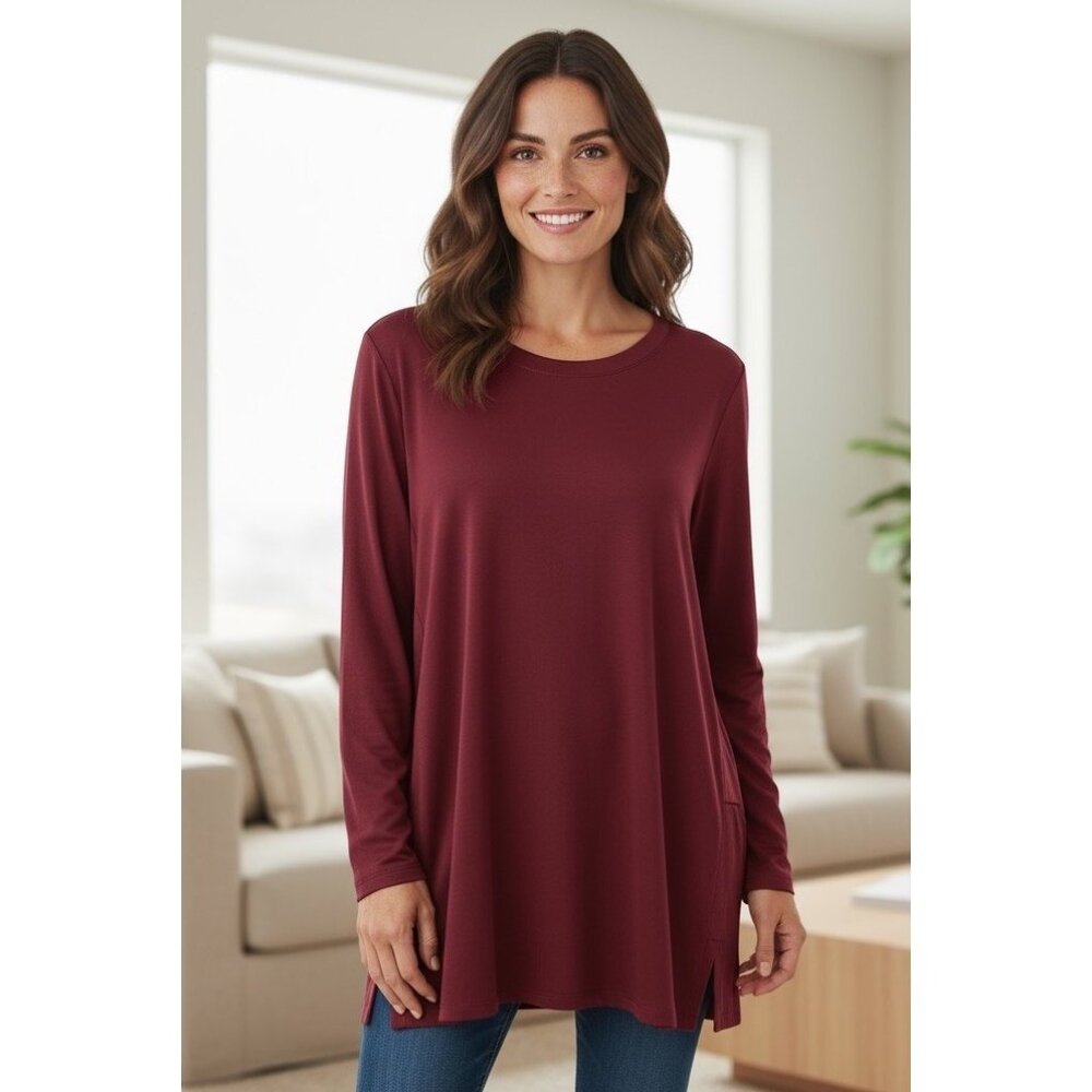 J. Jill Luxe Supima Forward Seam Wine Red Long Sleeve Tunic Blouse Size PXL